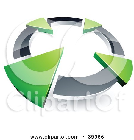 Clipart Illustration of a Pre-Made Logo Of A Chrome Circle With Four Green Arrows Pointing Inwards by beboy