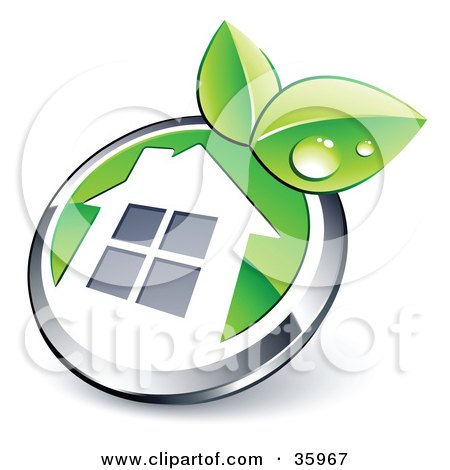 Clipart Illustration of a Pre-Made Logo Of A Shiny Round Chrome And Green Home Button With Leaves by beboy
