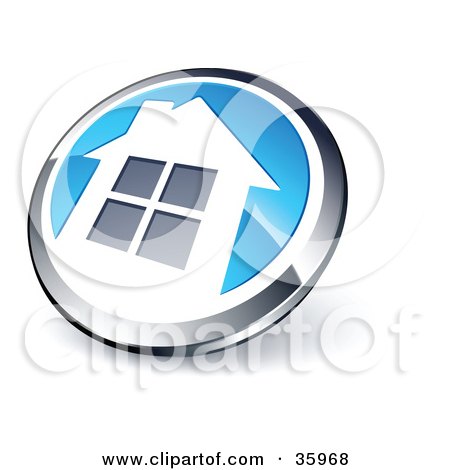 Clipart Illustration of a Pre-Made Logo Of A Shiny Round Chrome And Blue Home Button by beboy