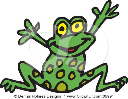 Clipart Illustration of a Happy Spotted Green Frog Leaping by Dennis Holmes Designs