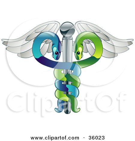 Clipart Illustration of a Green And Blue Winged Medical Caduceus by AtStockIllustration