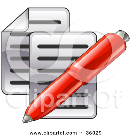 Clipart Illustration of a Red Pen Over Two Pages Of Text by AtStockIllustration