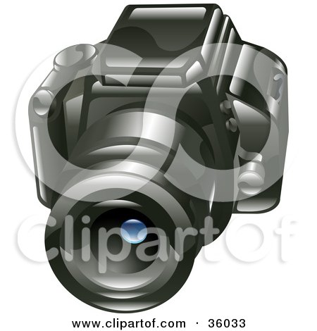Clipart Illustration of a Black Digital SLR Camera Facing Front by AtStockIllustration