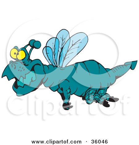 Clipart Illustration of a Chubby Yellow Eyed Blue Dragonfly Flying Left by Dennis Holmes Designs