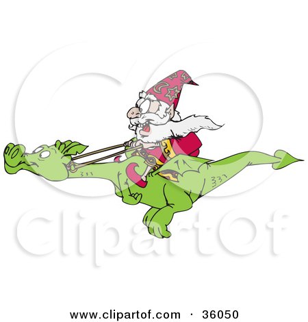 Clipart Illustration of a Happy Wizard Taking A Ride On His Flying Dragon by Dennis Holmes Designs