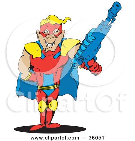 Clipart Illustration of a Blond Male Super Hero In A Yellow, Blue And Red Suit, Holding Up A Gun by Dennis Holmes Designs