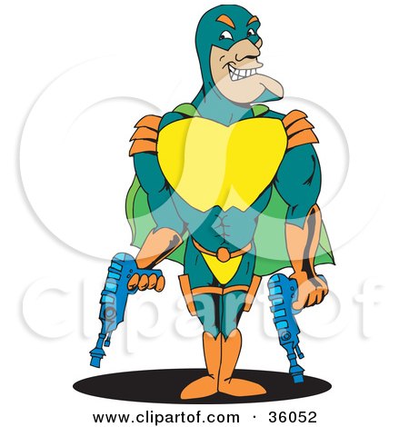 Clipart Illustration of a Strong Male Super Hero In A Green, Teal And Orange Suit, Standing With Two Guns by Dennis Holmes Designs