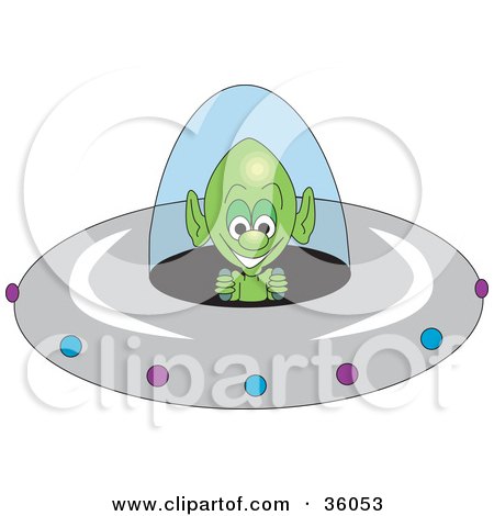 Clipart Illustration of a Grinning Green Alien Operating The Controls Of A Flying Saucer by Dennis Holmes Designs
