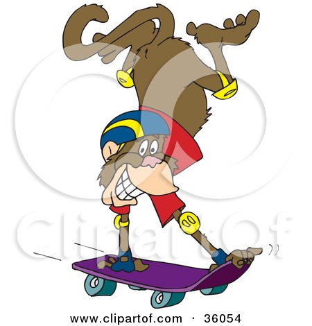 Clipart Illustration of a Grinning Monkey Doing A Handstand While Skateboarding by Dennis Holmes Designs