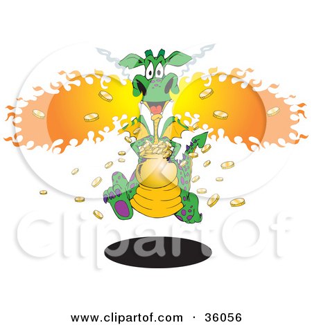 Clipart Illustration of an Excited Green, Yellow And Purple Spotted Dragon Blowing Flames And Running With A Pot Of Gold by Dennis Holmes Designs