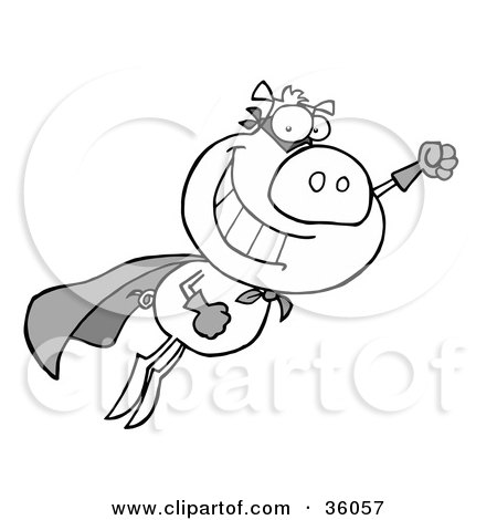 Clipart Illustration of a Black And White Super Pig Flying With A Cape by Hit Toon