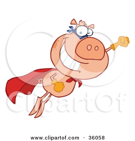Clipart Illustration of a Heroic Super Pig In A Red Cape, Flying To The Rescue by Hit Toon