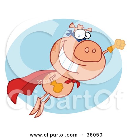Clipart Illustration of a Super Hero Pig In A Red Cape, Flying To The Rescue by Hit Toon