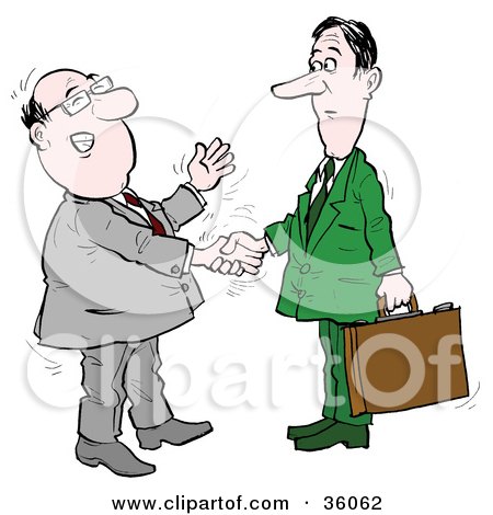 Clipart Illustration of a Friendly Businessman Nervously Chatting While Shaking Hands With A Manager by Alex Bannykh