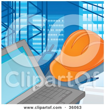 Clipart Illustration of a Hardhat And Walkie Talkie Beside A Contractor's Laptop Computer by Alex Bannykh