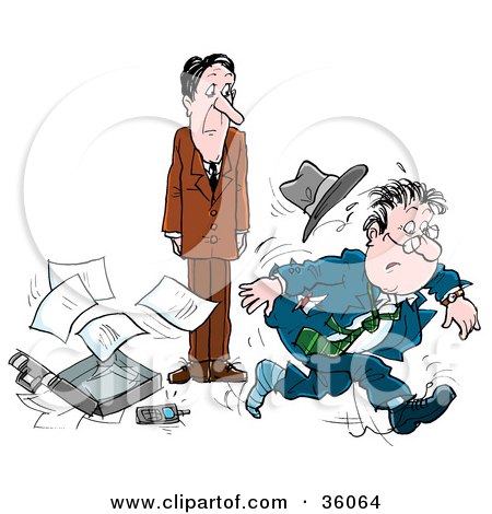 Clipart Illustration of a Stressed Businessman With A Missing Shoe, Dropping His Briefcase And Running From A Colleague by Alex Bannykh
