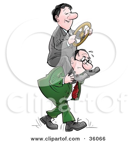 Clipart Illustration of a Businessman Steering A Wheel On The Shoulders Of A Stressed Man by Alex Bannykh