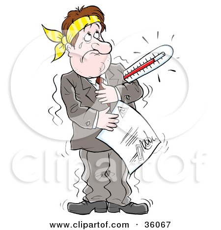 Clipart Illustration of a Sick Businessman With A Thermometer, Holding A Doctor's Note by Alex Bannykh