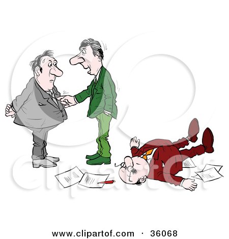Clipart Illustration of Two Businessmen Talking Near A Collapsed Man On The Floor by Alex Bannykh