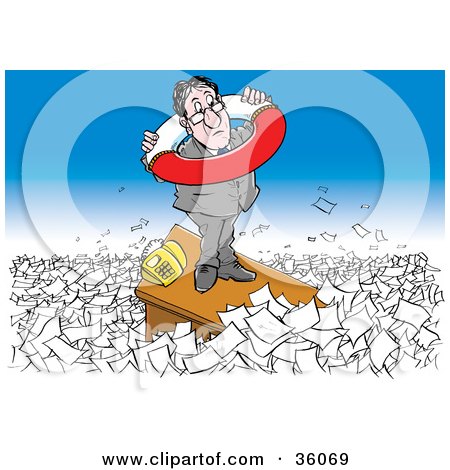 Clipart Illustration of a Stressed Businessman Standing On Top Of His Desk, Holding A Life Preserver, Surrounded By Paperwork by Alex Bannykh