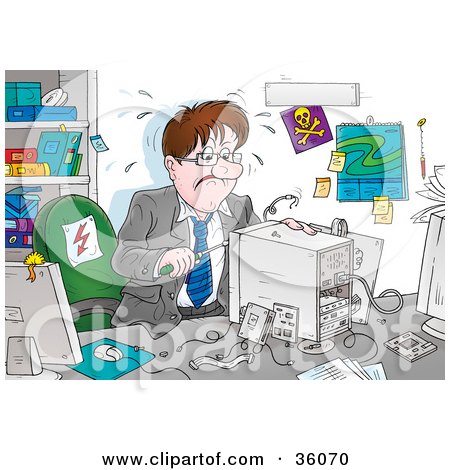 Clipart Illustration of a Stressed Businessman Trying To Assemble A Computer In His Office by Alex Bannykh