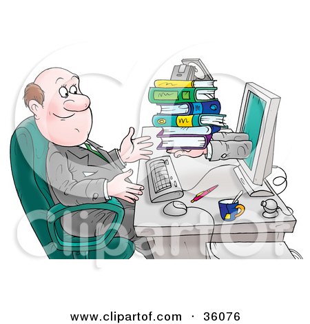 Clipart Illustration of a Balding Businessman Accepting Books And Discs Coming Through His Computer Screen by Alex Bannykh
