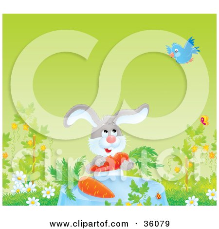 Clipart Illustration of a Blue Bird Flying Over A Bunny Dining On Carrots On A Spring Day by Alex Bannykh