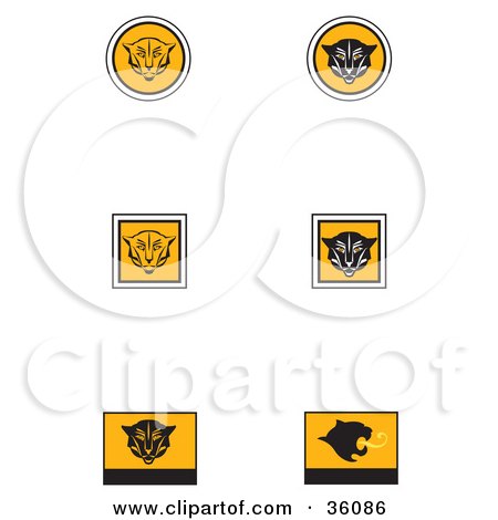 Clipart Illustration of a Set of Six Black, White and Orange Cougar Icons by Eugene