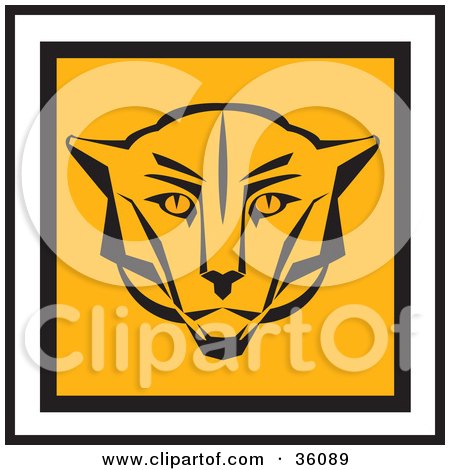 Clipart Illustration of a Square Cougar Face Icon, Trimmed In Black And White Edges by Eugene