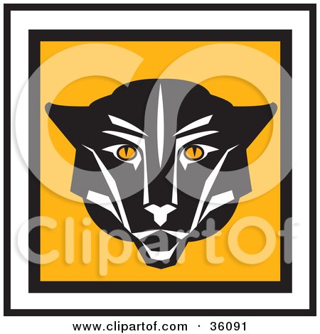 Clipart Illustration of a Black Cougar Face on a Square Icon, Trimmed In Black And White Edges by Eugene
