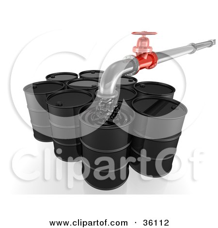 Clipart Illustration of a Pipe Pouring Oil Into Black Barrels by Frog974