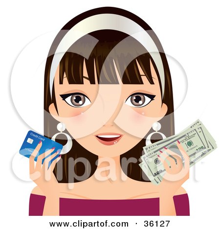 Clipart Illustration of a Brunette Caucasian Woman Holding A Credit Card In One Hand And Cash In The Other by Melisende Vector