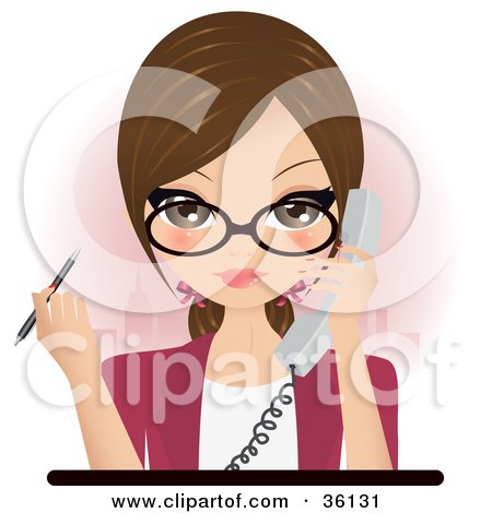 Clipart Illustration of a Pretty Brunette Secretary, Assistant Or Receptionist Holding A Phone And A Pen While Taking A Call In An Office by Melisende Vector