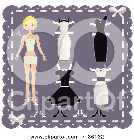 Clipart Illustration of a Blond Teenage Girl Paper Doll On A Purple Background With Cutout Dresses And Shoes by Melisende Vector