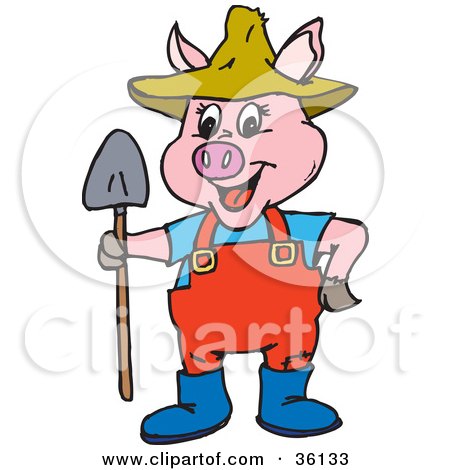 Clipart Illustration of a Pink Farmer Pig In A Hat, Standing With A Shovel by Dennis Holmes Designs