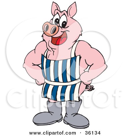 Clipart Illustration of a Muscular Pink Pig In Boots And An Apron, Standing With His Hands On His Hips by Dennis Holmes Designs