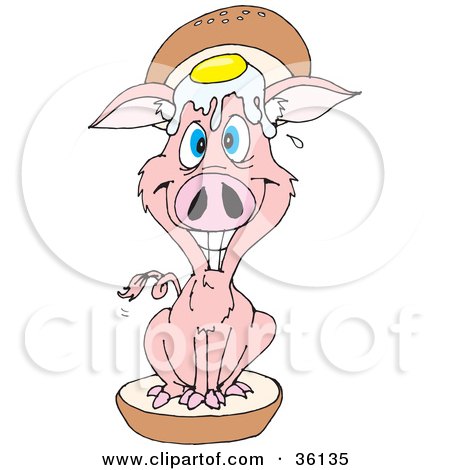 Clipart Illustration of a Grinning Pig Sitting On A Bun With An Egg On Top Of His Head, A Ham And Egg Sandwich by Dennis Holmes Designs