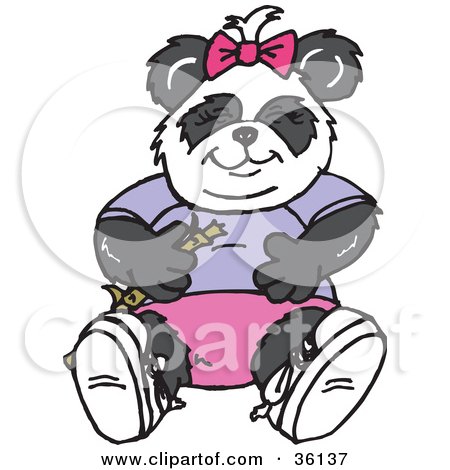 Clipart Illustration of a Friendly Female Panda Wearing Clothes And Holding Bamboo by Dennis Holmes Designs