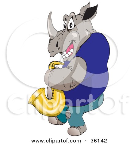 Clipart Illustration of a Casual Musician Rhino Playing A Saxophone by Dennis Holmes Designs
