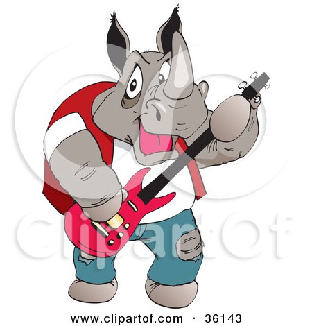 Clipart Illustration of a Casual Musician Rhino Playing A Pink Guitar by Dennis Holmes Designs