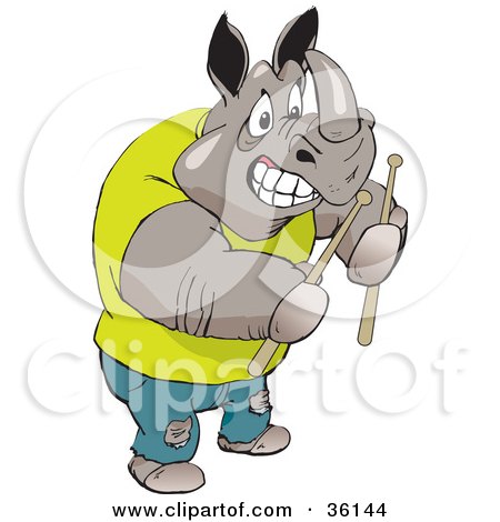 Clipart Illustration of a Casual Musician Rhino Carrying Drumsticks by Dennis Holmes Designs