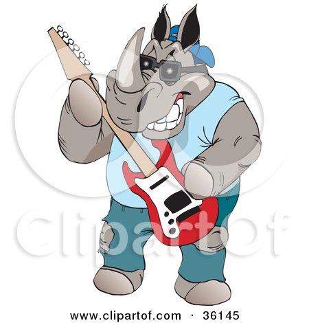 Clipart Illustration of a Casual Musician Rhino Playing An Electric Guitar by Dennis Holmes Designs