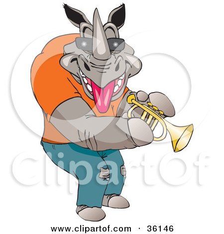 Clipart Illustration of a Casual Musician Rhino Playing A Trumpet by Dennis Holmes Designs