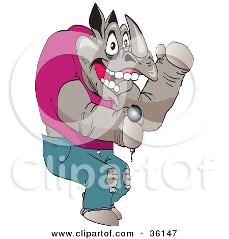 Clipart Illustration of a Casual Musician Rhino Singing With A Microphone by Dennis Holmes Designs
