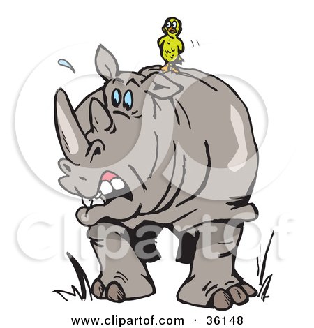 Clipart Illustration of a Yellow Bird Resting On The Back Of A Nervous Rhino by Dennis Holmes Designs