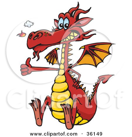 Clipart Illustration of a Red Dragon Snorting Flames, Grinning And Gesturing The Thumbs Up by Dennis Holmes Designs