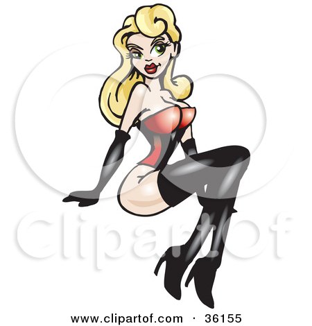 Clipart Illustration of a Sexy Blond Bombshell Pinup Girl In A Red Bodice, Black Gloves, And Boots by Dennis Holmes Designs
