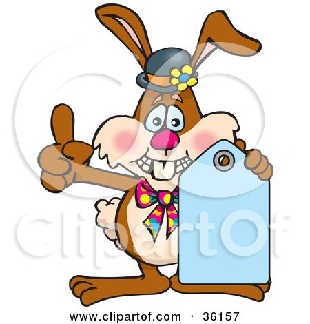 Clipart Illustration of a Bunny Rabbit In A Hat, Holding Up A Blank Blue Price Tag by Dennis Holmes Designs