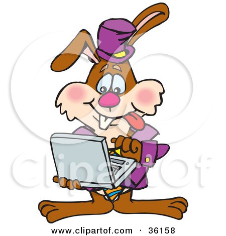 Clipart Illustration of a Bunny Rabbit Standing And Using A Laptop Computer by Dennis Holmes Designs