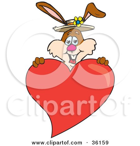 Clipart Illustration of a Bunny Rabbit Holding Up A Big Red Love Heart by Dennis Holmes Designs